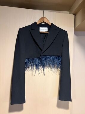 Jones New York Black Cropped Blazer with Blue Feather Trim